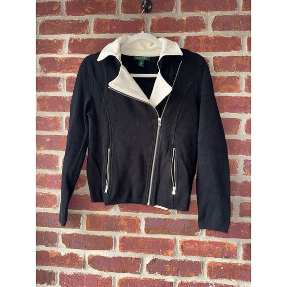 Lauren Ralph‎ Lauren moto style black and white sweater jacket XS - Picture 1 of 5